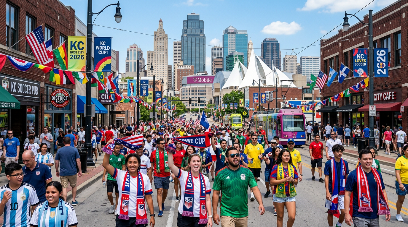 A bustling Kansas City street scene with diverse crowds wearing soccer jerseys and team scarves, colorful World Cup banners a