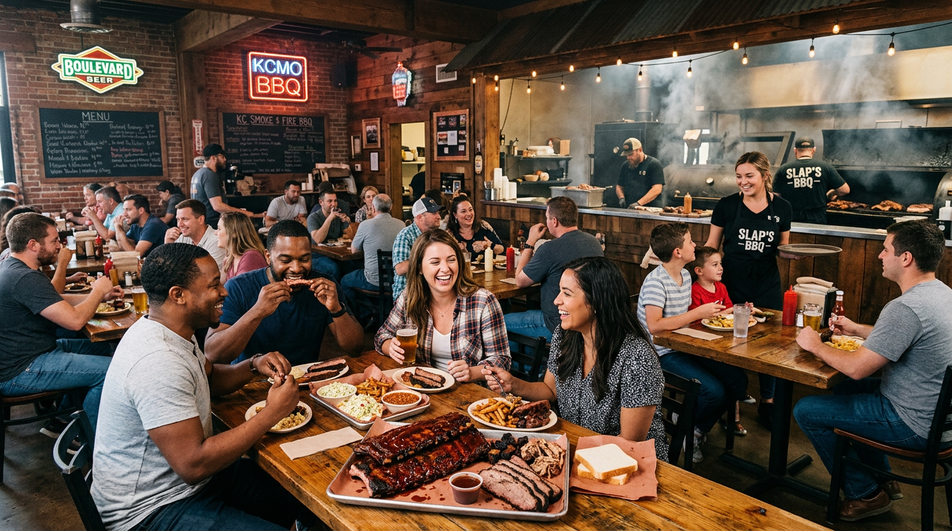A warm, bustling Kansas City barbecue restaurant interior with smoke curling through the air, wooden tables filled with diver