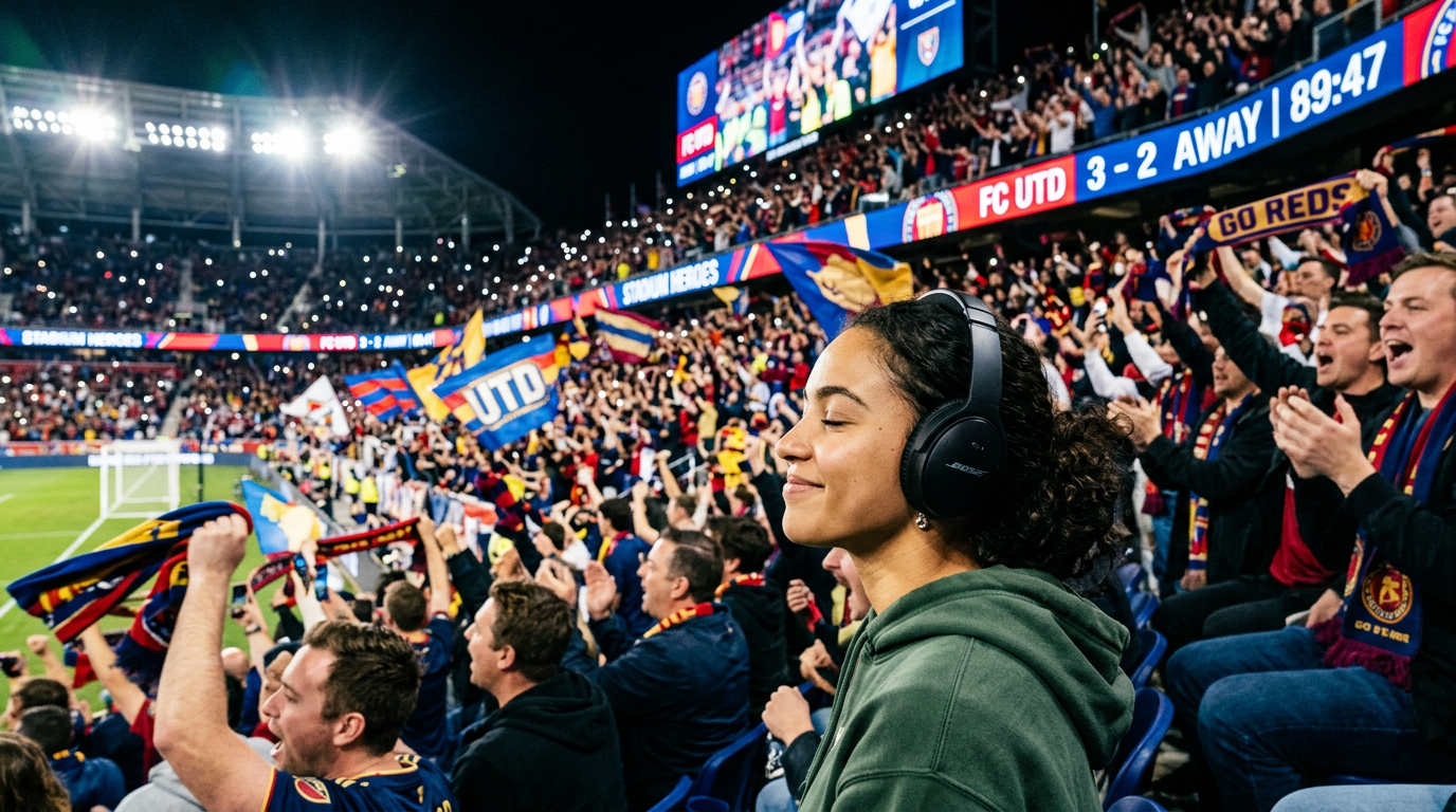 A close-up of a person wearing noise-canceling headphones in a vibrant stadium filled with thousands of cheering fans, colorf