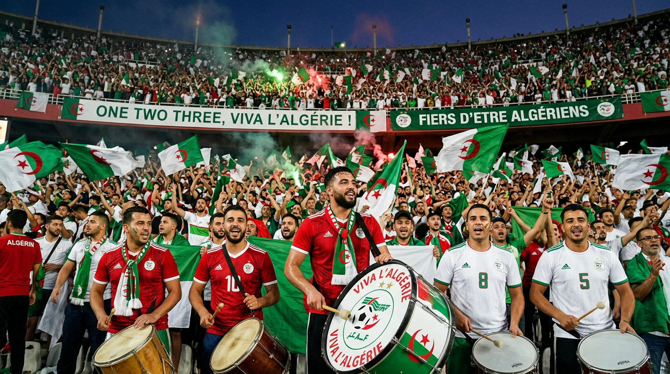 A vibrant stadium crowd of Algerian football supporters wearing red and white jerseys, waving flags and banners, with drummer
