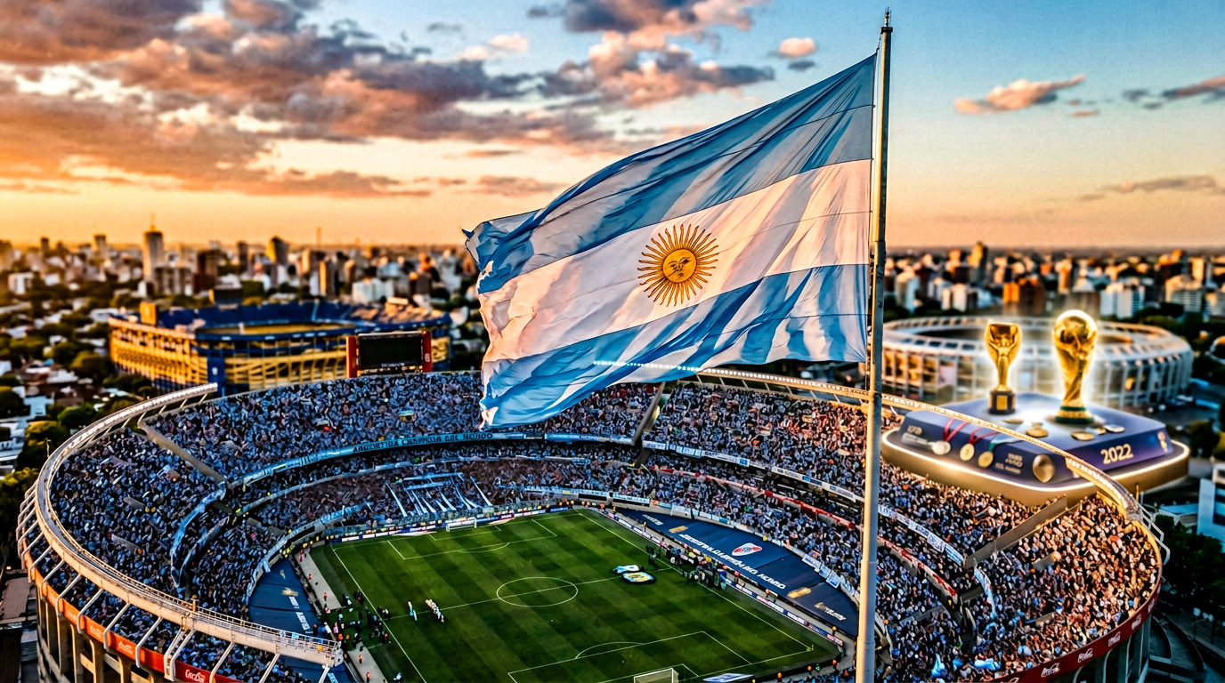 A dramatic overhead shot of the Argentine flag rippling in the wind with iconic stadium architecture and World Cup trophies d
