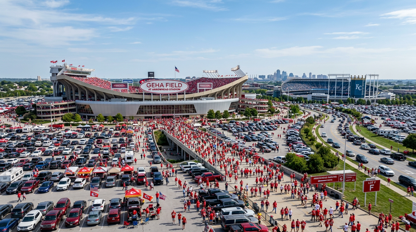 A photorealistic wide-angle view of GEHA Field at Arrowhead Stadium in Kansas City on match day, showing the iconic modern st