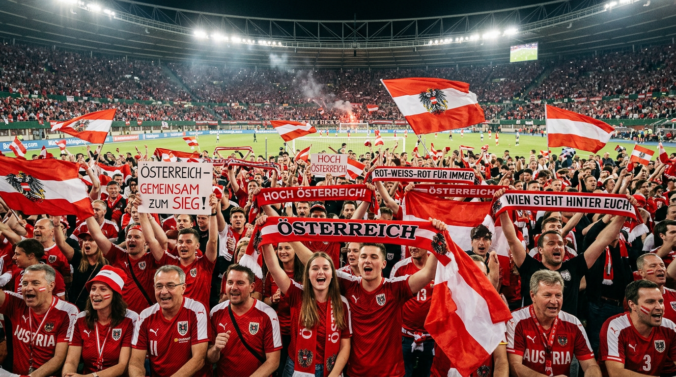 A vibrant crowd of Austrian supporters wearing red and white jerseys fills a modern stadium, their synchronized chants and pa