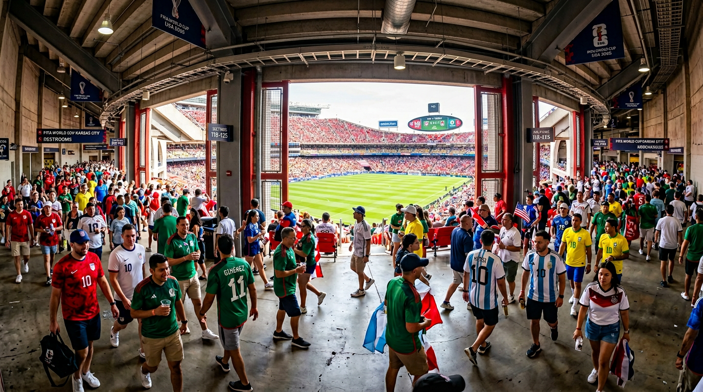 A photorealistic wide shot of Arrowhead Stadium's concourse during World Cup match day, capturing enthusiastic fans in colorf