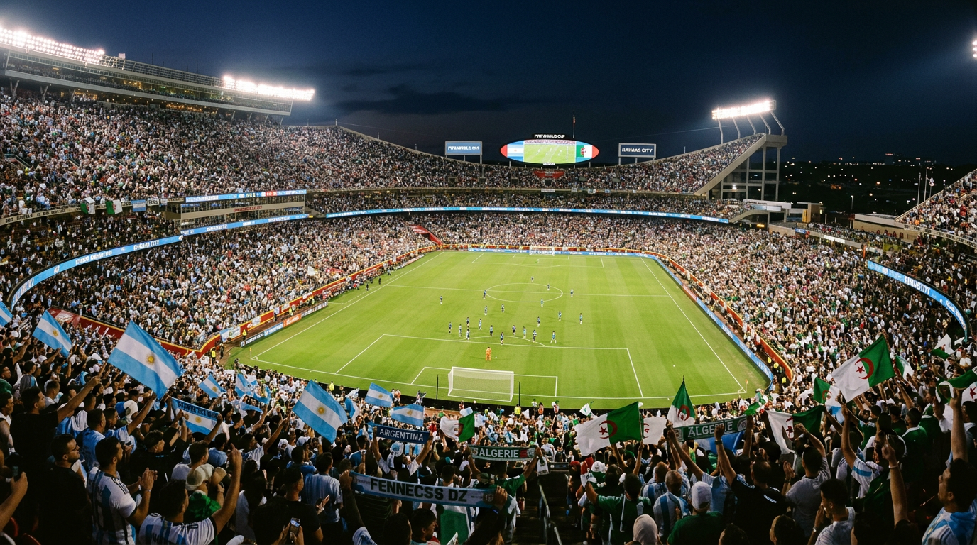 A panoramic view of Arrowhead Stadium in Kansas City filled with roaring fans waving flags from Argentina and Algeria, with t