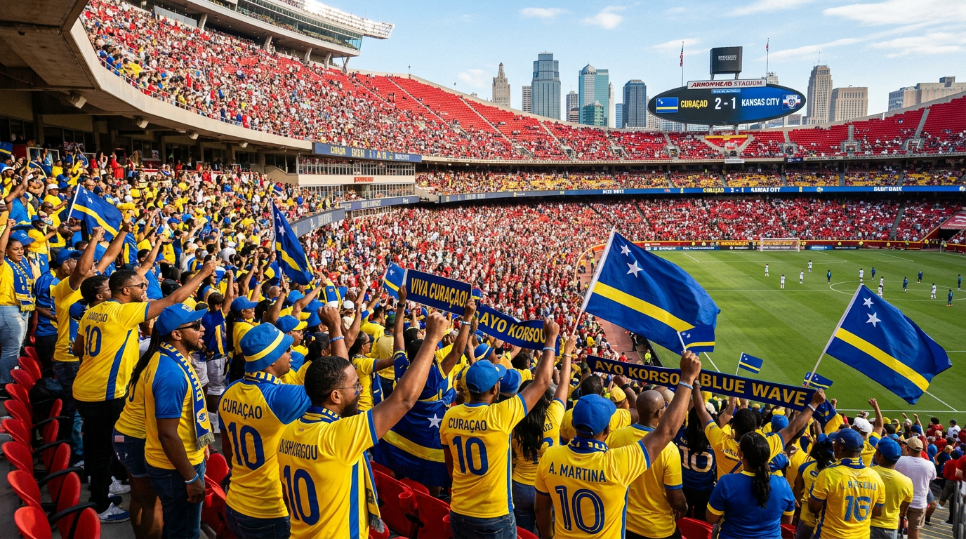 A vibrant crowd of Caribbean fans wearing Curaçao's bright yellow and blue colors cheering passionately in Arrowhead Stadium'