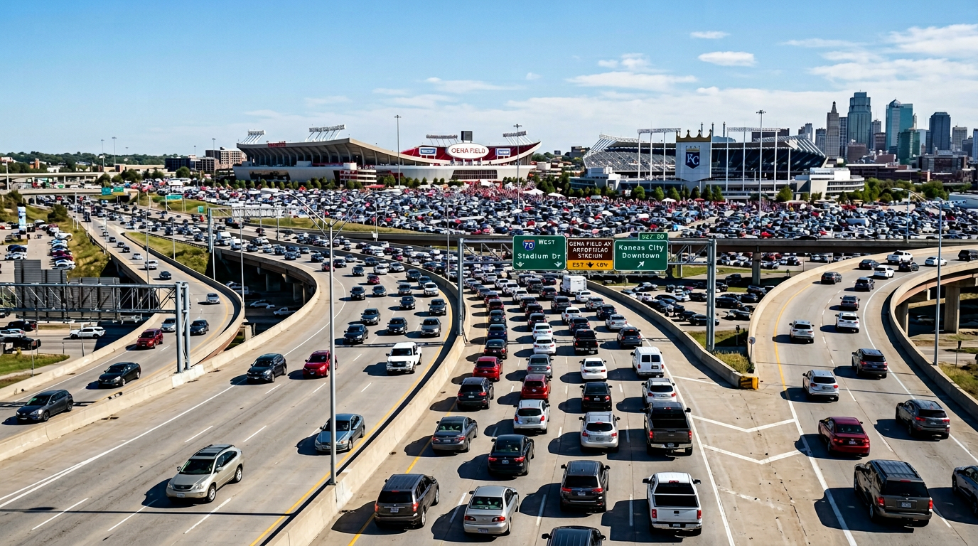 A busy highway interchange with multiple lanes of traffic flowing toward a modern sports stadium visible in the distance, sho