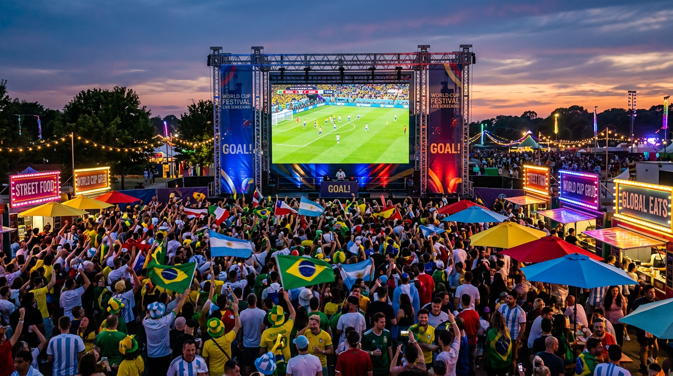 A vibrant outdoor festival grounds at dusk with large projection screens displaying a World Cup soccer match, surrounded by e