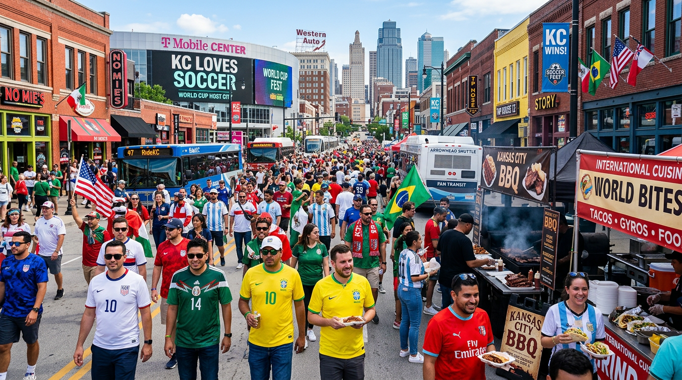 A bustling Kansas City street scene filled with diverse crowds of excited soccer fans wearing various national team jerseys, 