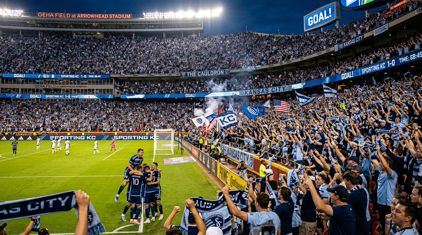 A packed Arrowhead Stadium in Kansas City erupts with passionate fans waving flags and scarves as players in blue jerseys cel