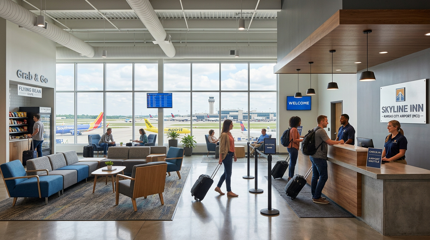 A modern hotel lobby at Kansas City International Airport with check-in desk, contemporary furnishings, and large windows sho