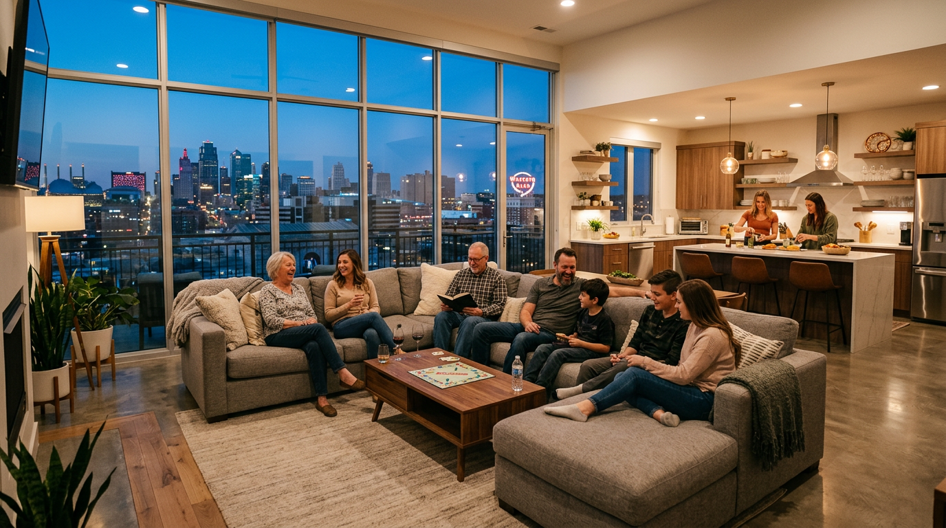 A spacious modern vacation rental living room with a large comfortable sectional sofa, full kitchen visible in the background