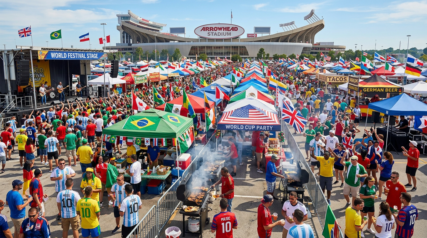 A sprawling Arrowhead Stadium parking lot transformed into a vibrant international festival, with dozens of tailgate setups f