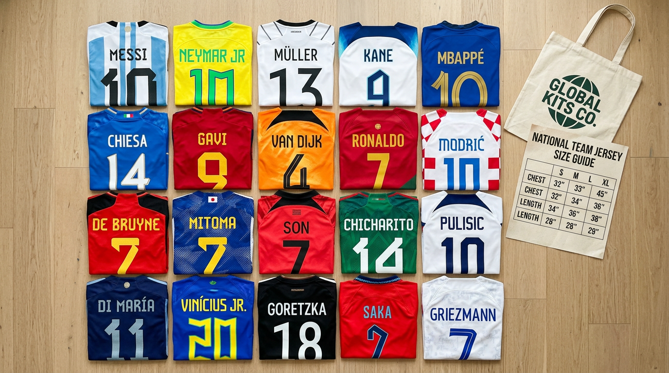 A flat lay arrangement of colorful national team soccer jerseys folded neatly in rows, displaying various vibrant uniforms fr