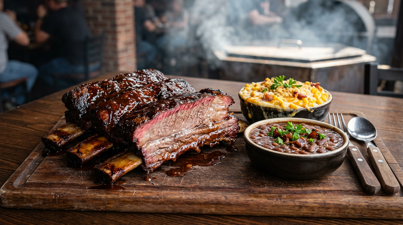 A close-up of thick, smoky Kansas City beef ribs glistening with sauce, showcasing the signature pink smoke ring, arranged on