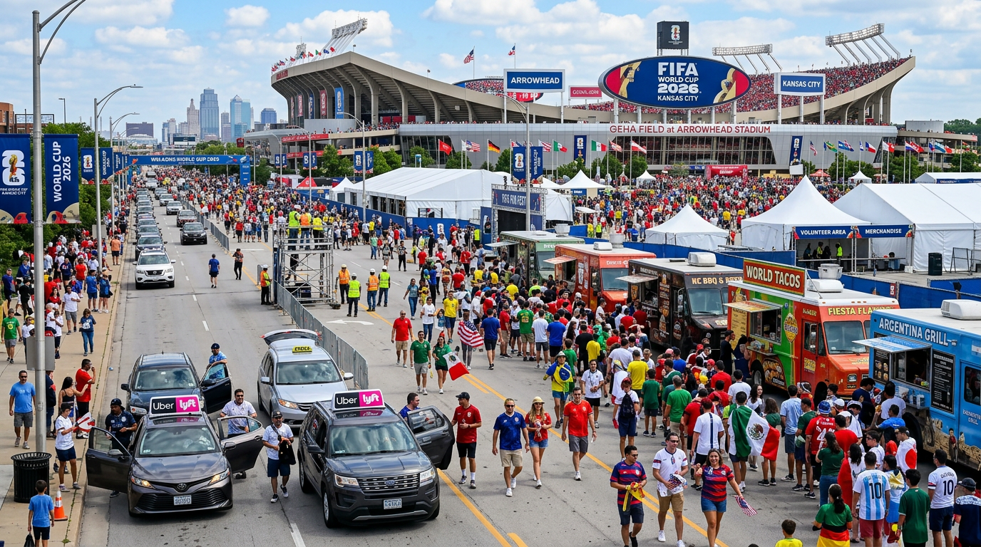A bustling Kansas City street scene during World Cup festivities, with food trucks lined up near Arrowhead Stadium, rideshare