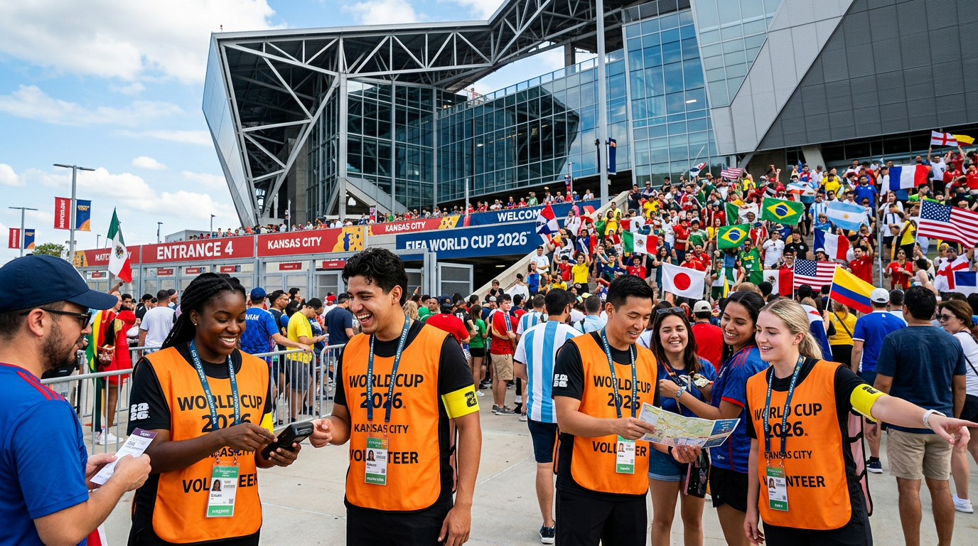 A diverse group of enthusiastic volunteers wearing bright official vests and armbands work together at a bustling World Cup s