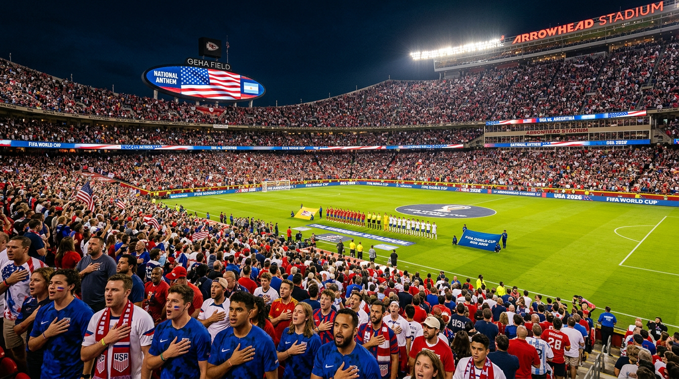 A packed Arrowhead Stadium filled with 76,000 spectators under bright stadium lights, with fans singing the national anthem, 