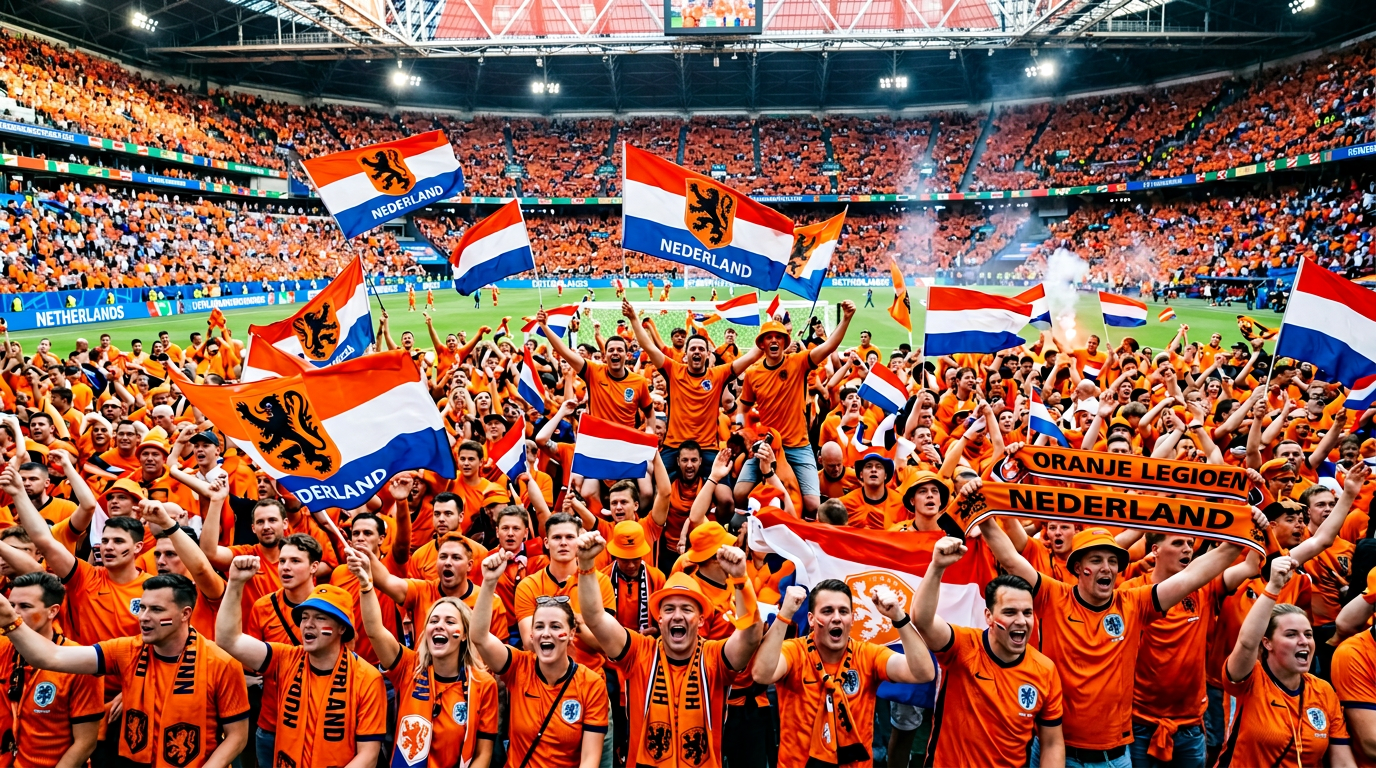 A vibrant sea of Dutch fans wearing bright orange clothing and waving Dutch flags in a modern stadium, with their animated ex