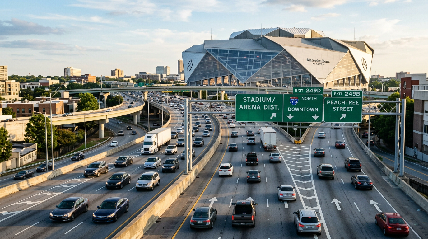 A busy highway interchange with multiple lanes of traffic flowing toward a large modern stadium visible in the distance, shot