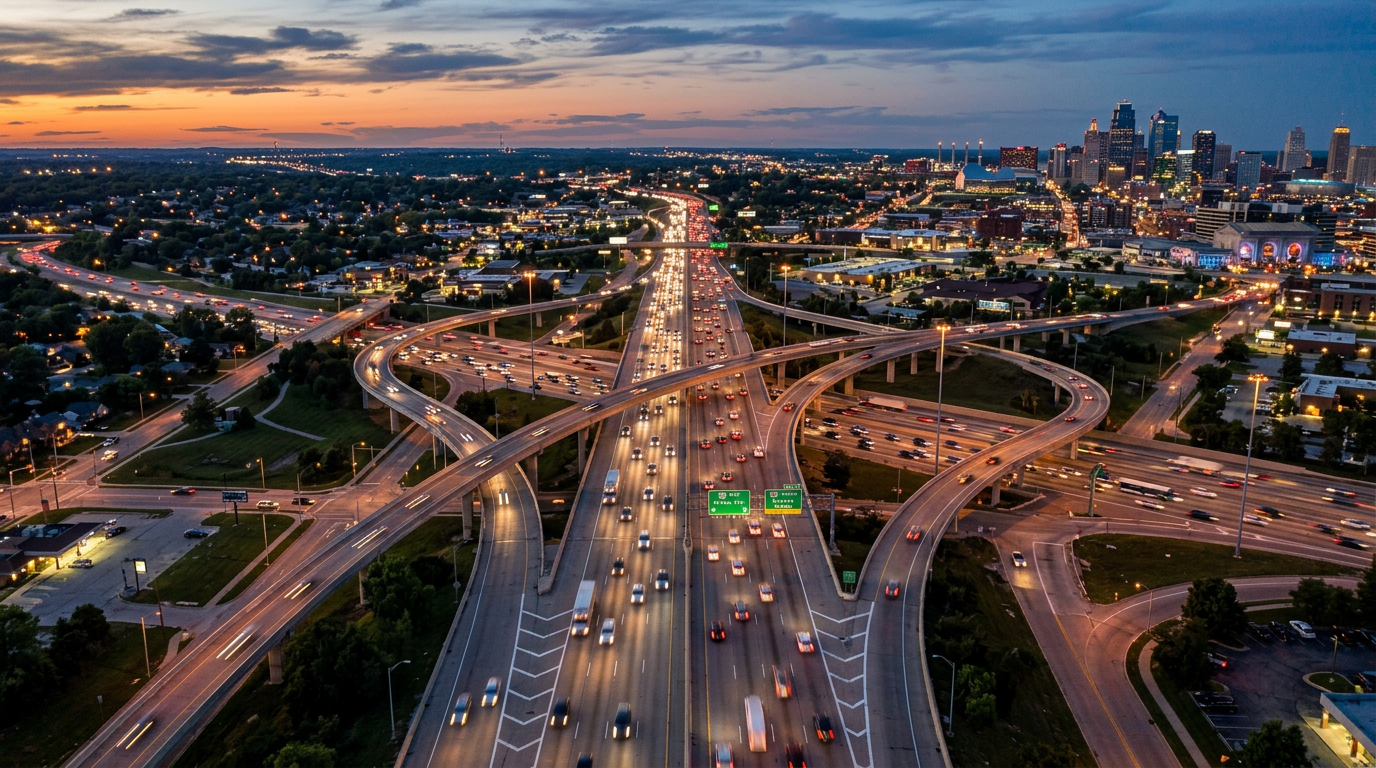 A sprawling aerial view of Interstate 70 and Highway 435 interchange near Kansas City during evening rush hour, showing multi