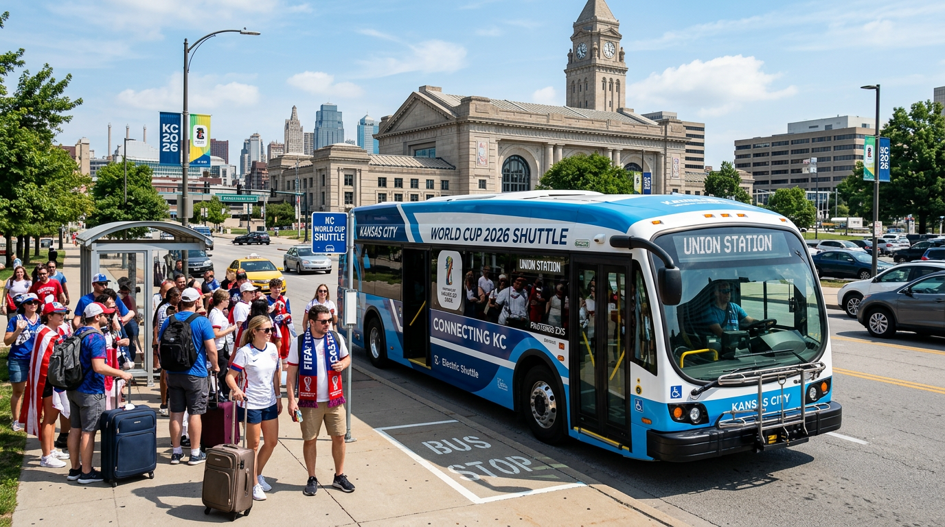 A modern electric shuttle bus with sleek blue and white branding pulls up to a crowded downtown Kansas City street corner on