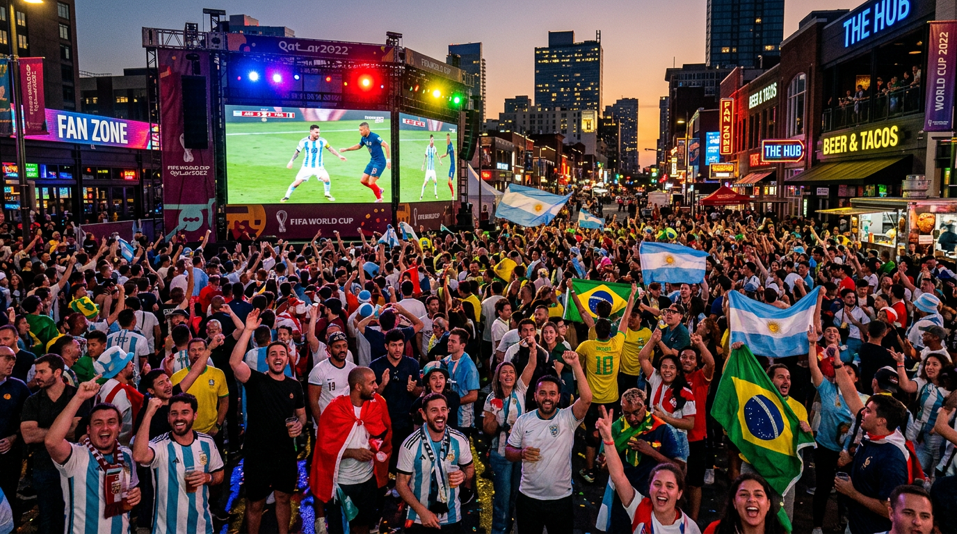 A crowded outdoor watch party in an urban entertainment district at dusk, with hundreds of enthusiastic fans gathered around 