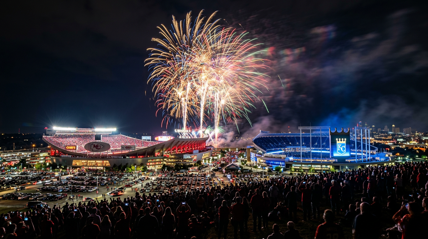 A stunning nighttime scene of vibrant fireworks exploding over the Truman Sports Complex in Kansas City, with the illuminated