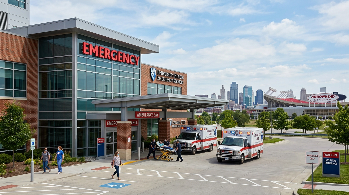 A photorealistic landscape showing a modern hospital emergency entrance with illuminated signage and ambulance bay, surrounde