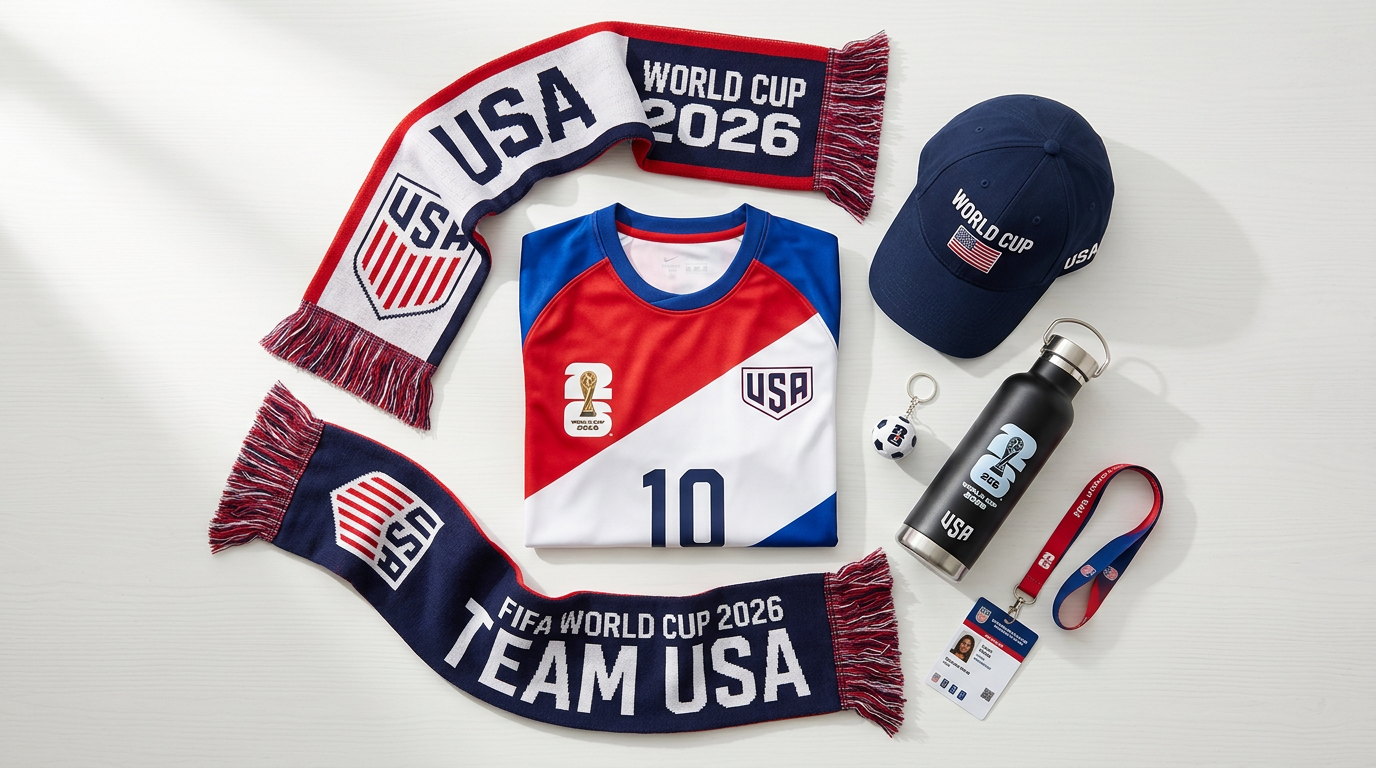 A flat-lay arrangement of official World Cup 2026 merchandise displayed on a clean white surface, featuring a folded USA nati