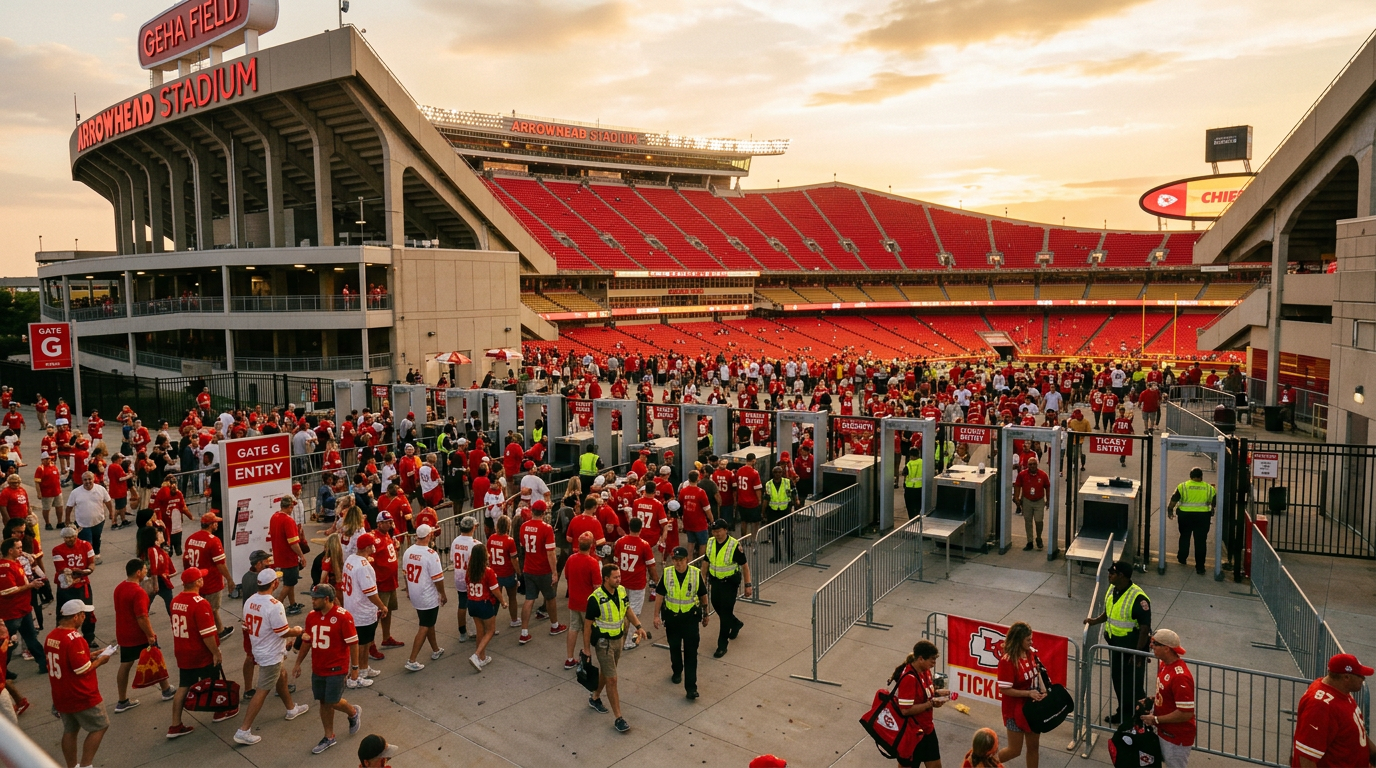 A wide-angle photograph of Arrowhead Stadium's main entrance with crowds of diverse fans streaming through the gates, securit