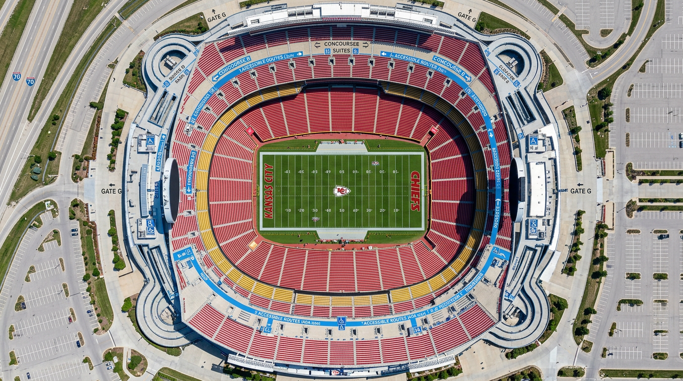 A photorealistic overhead view of Arrowhead Stadium's interior showing the field layout, colored seating sections, concourse 