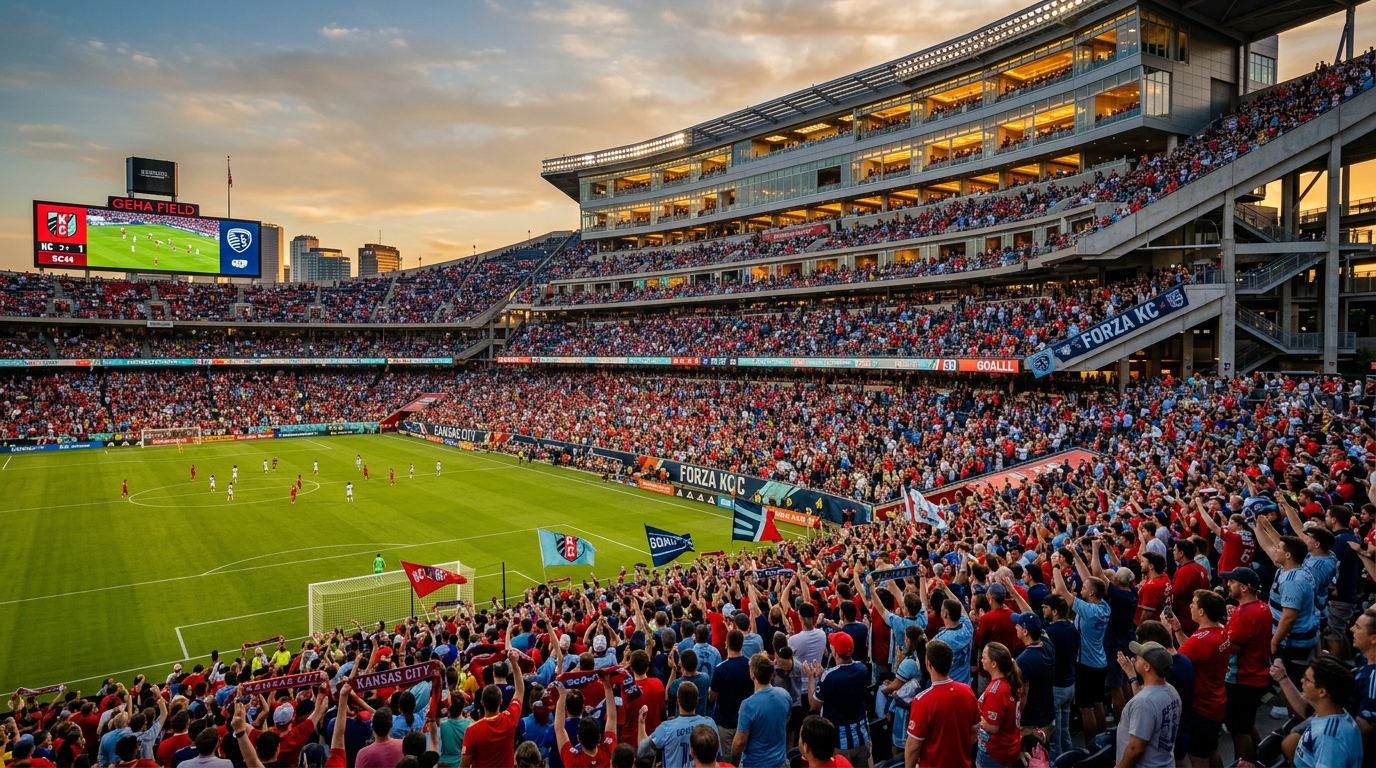 A wide-angle view of Arrowhead Stadium's interior filled with enthusiastic soccer fans in vibrant jerseys, with premium suite