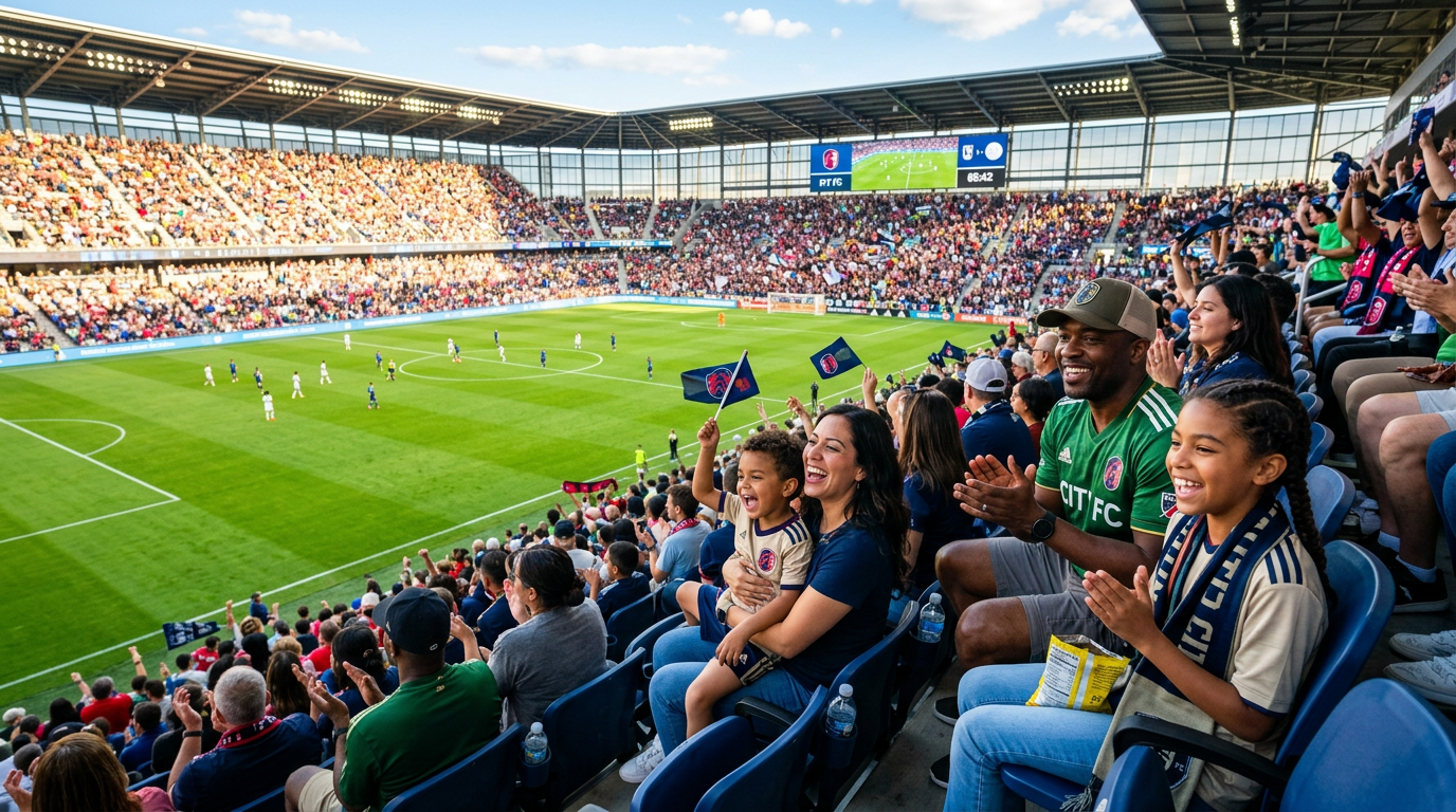 A diverse family of four sitting in bright stadium seats at a modern soccer venue, with the expansive green pitch visible bel