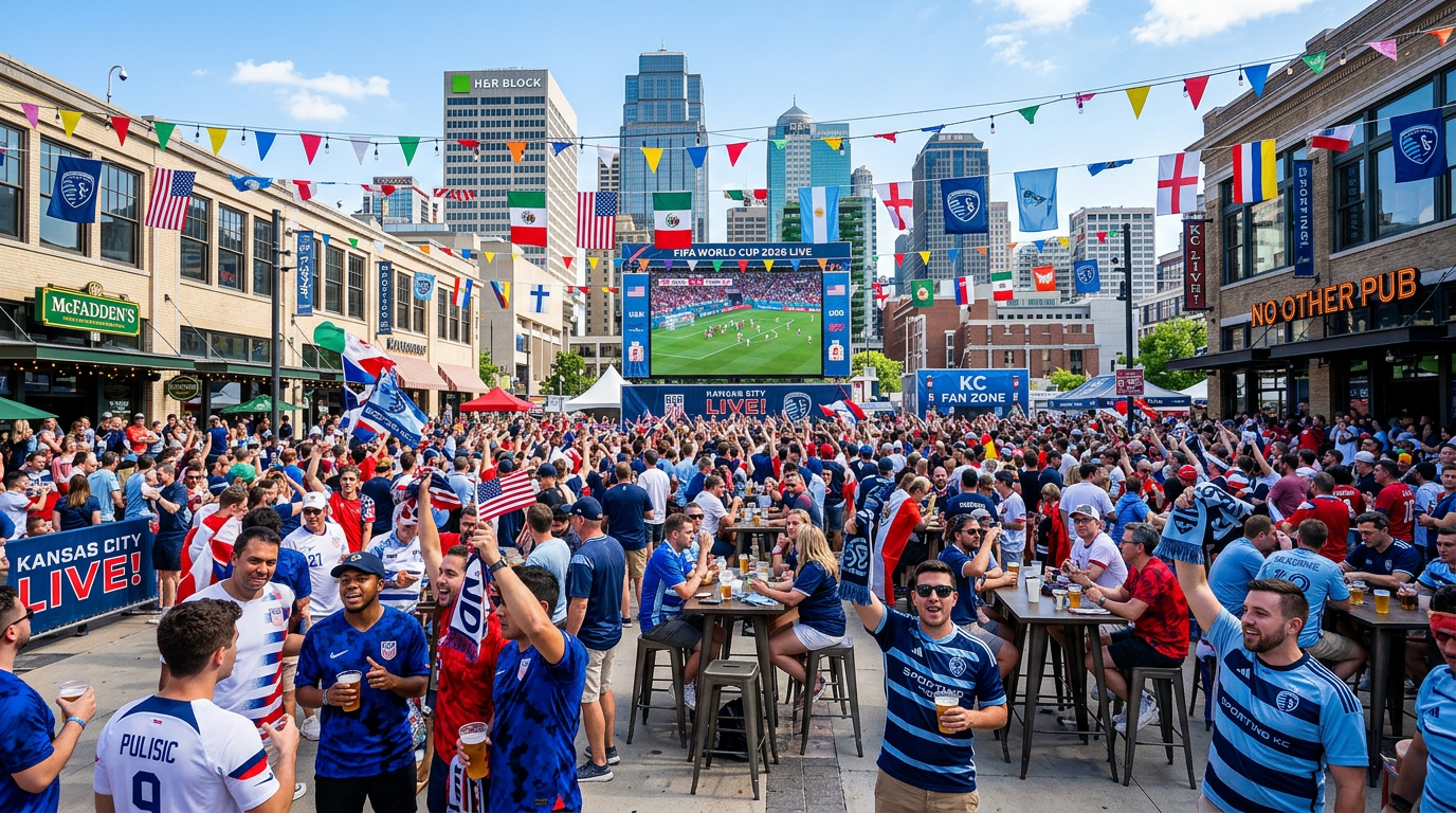 A bustling outdoor plaza in Kansas City's Power and Light District during daytime, with crowds of soccer fans gathered around
