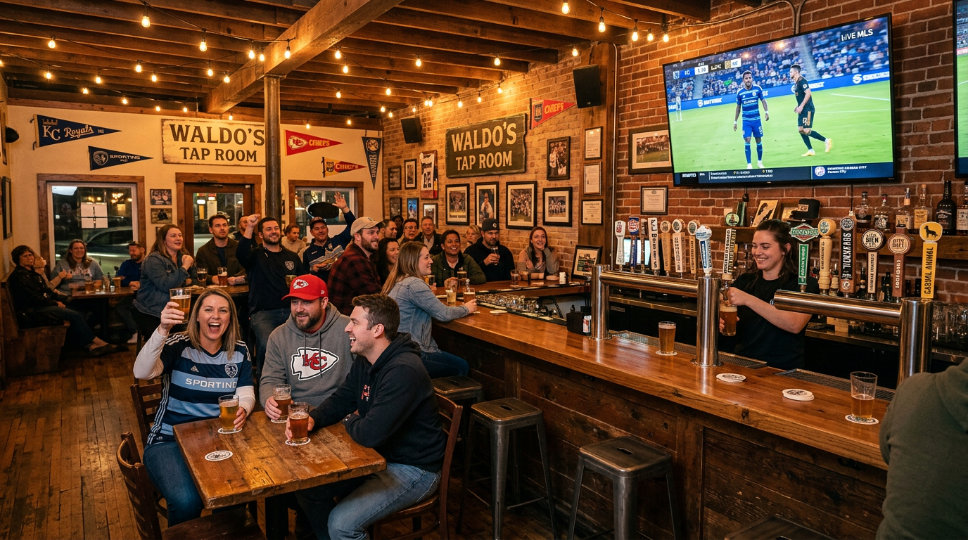 A cozy neighborhood sports bar in Kansas City's Waldo district with string lights overhead, local craft beer taps visible at 