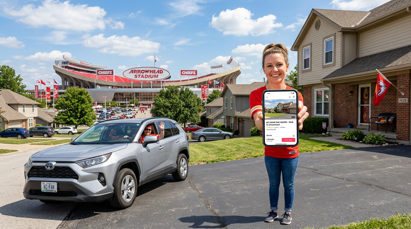A Kansas City homeowner standing on their driveway near Arrowhead Stadium in the distance, holding a smartphone displaying an
