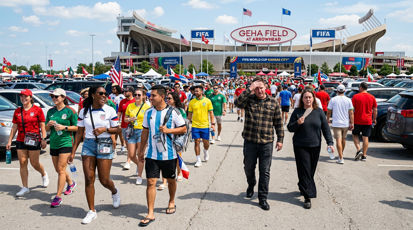A diverse crowd of World Cup fans walking through a sunny Kansas City stadium parking lot in light summer clothing—t-shirts, 