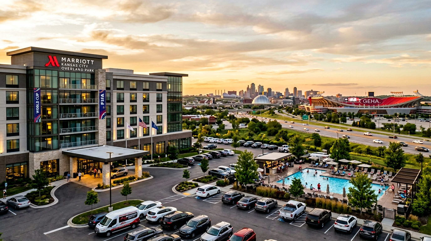 A photorealistic landscape view of a modern hotel exterior with a parking lot and pool area in the foreground, with Kansas Ci