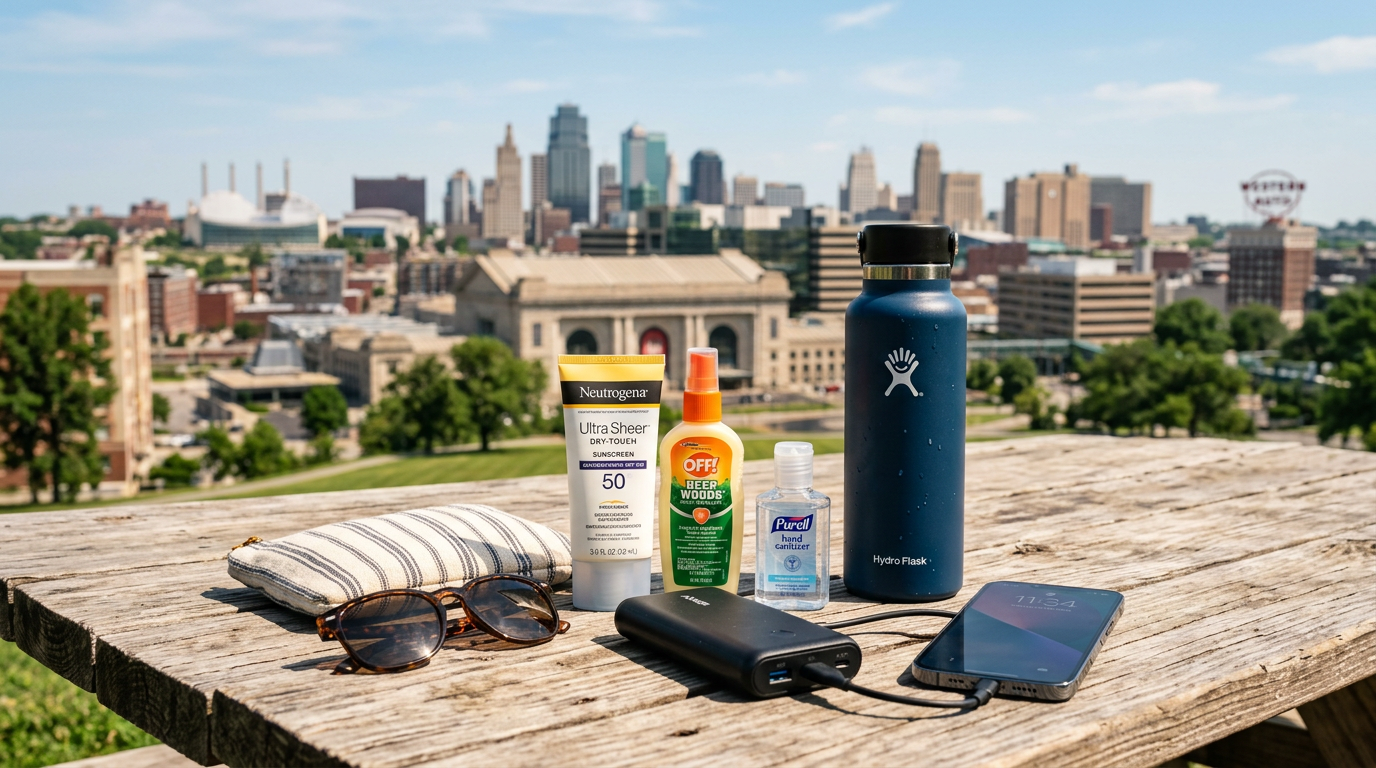 A traveler's essentials laid out on a bright outdoor surface including sunscreen, insect repellent spray, a portable phone ch