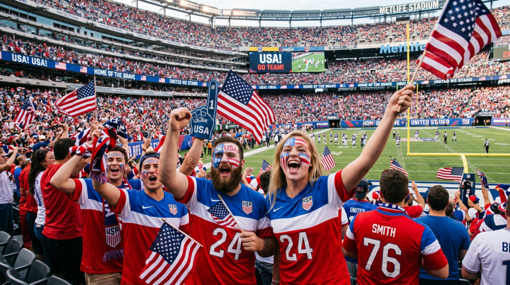 USMNT World Cup 2026 - American fans cheering with USA flags